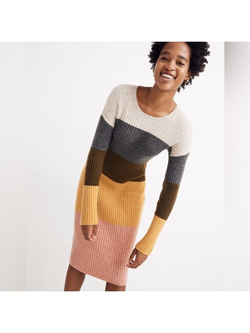 Colorblock Rib-Knit Sweater Dress in Cream, Gray, Olive, Mustard & Pink